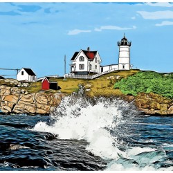 Wave Breaks By Cape Neddick Lighthouse in Maine -Illus.