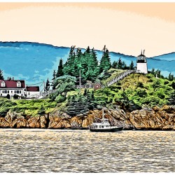 Owls Head Lighthouse Over Rocky Cliffs as Fishing Boat Passes By in Maine -Illus.