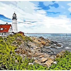 Wildflowers Around Rocky Shore By Portland Head Light in Maine - Illus.