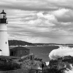 Great Wave Breaks by Portland Head Lighthouse in Maine -B&W