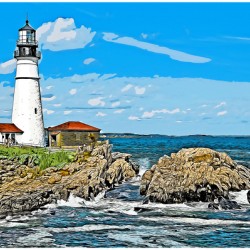 Portland Head Lighthouse At High Tide in Maine - Illus.