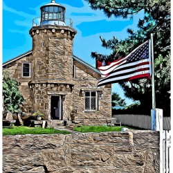 American Flag by Stonington Harbor Lighthouse in Connecticut -Illus.