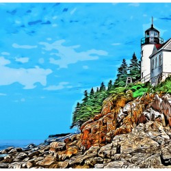 Bass Harbor Lighthouse Over Rocky Cliffs in Northern Maine -Illus.