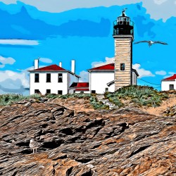 Beavertail Lighthouse on Rocky Coast Near Newport Rhode Island - Illus.