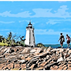 Hiking Along Rocky Jetty to Black Rock Lighthouse in Connecticut - Illus.