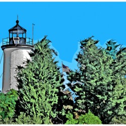 American Flag Between Evergreens by Cape Poge Lighthouse on Marthas Vineyard - Illus.