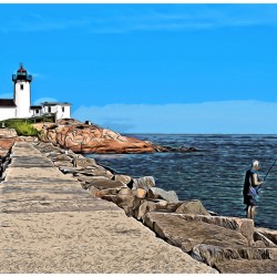 Fishing Near Eastern Point Light in Gloucester Massachusetts -Illus.