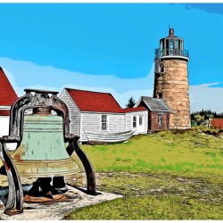 Old Fog Bell by Monhegan Island Lighthouse in Maine -Illus.
