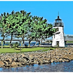 Newport Harbor Lighthouse on Breakwater in Rhode Island - Illus.