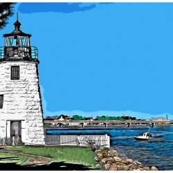 Lobster Boat By Newport Harbor Lighthouse in Rhode Island - Illus.