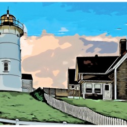 Sun Setting Behind Nobska Lighthouse on Cape Cod in Massachusetts - Illus.