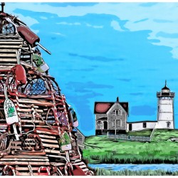 Nubble Light Near Lobster Trap Holiday Tree in Maine -Illus.