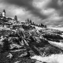 Rocky Shoreline by Pemaquid Lighthouse at Low Tide in Maine - B&W