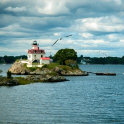 Seagulls Fly Around Sunlit Pomham Rocks Light in Rhode Island