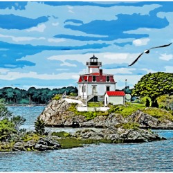 Pomham Rocks Lighthouse on Rocky Island on Providence River in Rhode Island - Illus.