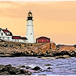 Sunset by Portland Head Lighthouse in Southern Maine - Illus.
