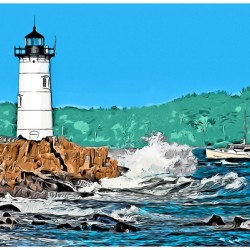 Portsmouth Light Guides Vessel From Rocky Shore in New Hampshire -Illus.