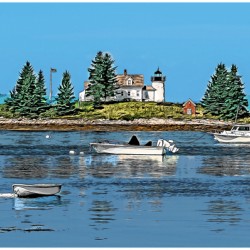 Boats Anchored by Pumpkin Island Light in Maine - Illus.