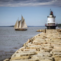 Windjammer Sailboat Passes Spring Point Ledge Lighthouse in Maine