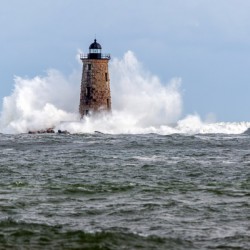 Giant Waves Around Stone Tower of Whaleback Light in Maine