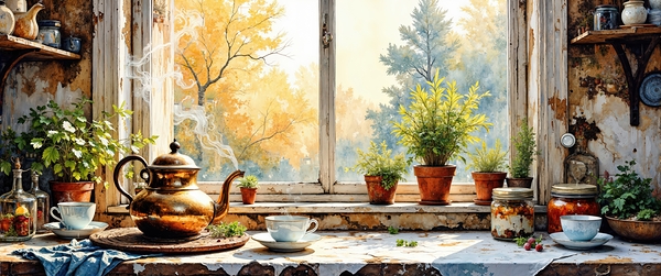 Cozy Kitchen with Golden Autumn View by PrintosArtis