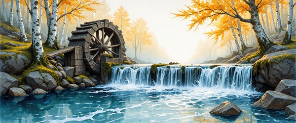 Rustic Watermill and Autumn Waterfall by PrintosArtis