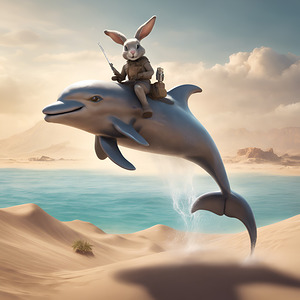 0 A bunny in the desert riding a dolphin cinemati