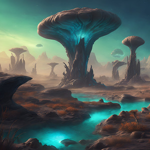 0 Illustrate an otherworldly alien landscape with
