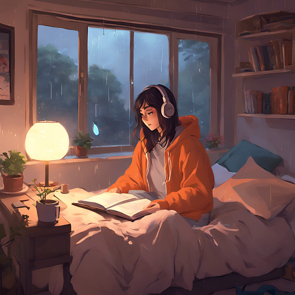 0   An anime girl in a cozy bedroom listening to Print
