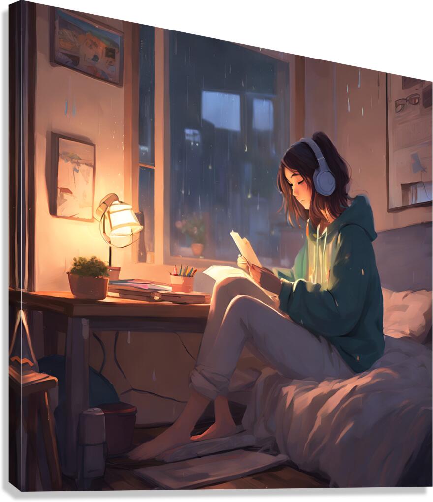 0   An anime girl in a cozy bedroom listening to Canvas Print