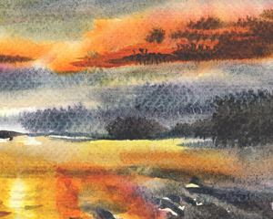 Dramatic Sunset Watercolor Beach Art by Irina Szt