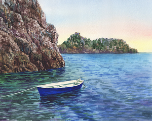 Blue Boat Drifting At Amalfi Shore Italy Watercol