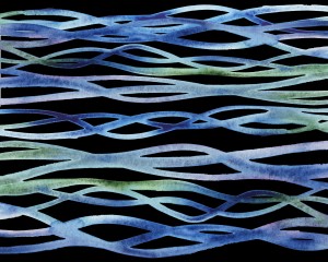 Blue Green Purple Abstract Organic Lines Ocean Waves Watercolors On Black 