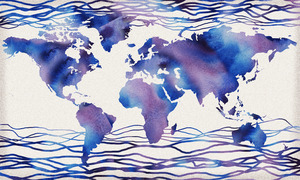 Blue Wave Watercolor World Map Painting Artis