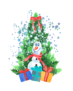 Christmas Tree Snowman Gifts Watercolor 