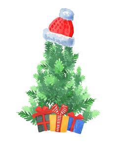 Christmas Tree With Santa Hat And Gifts Watercolor 