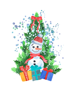 Snowman Gifts Christmas Tree Watercolor  