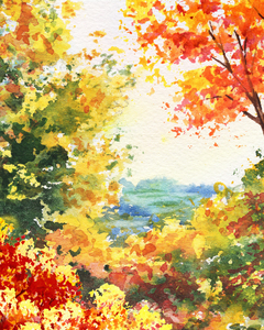 Fall Trees Over The Valley Watercolor Landscape I
