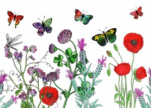 Garden With Butterflies Botanical Watercolor Painting
