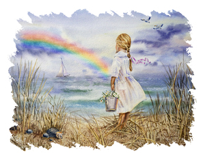 Girl Ocean Rainbow Boat And Birds Beach House Style Art