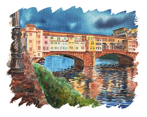 Italy Ponte Vecchio 3 Evening Watercolor
