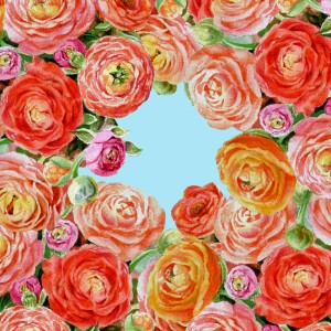 Blue Sky Through Ranunculus Flowers Watercolor 