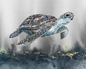 Sea Turtle Swimming Under The Ocean Water Gra