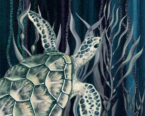 Watercolor Giant Turtle In The Seaweed Under Water VII