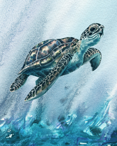 Watercolor Giant Turtle In Abstract Seaweed And Water XI