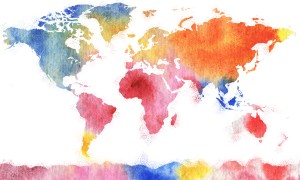 Watercolor Silhouette World Map Rainbow Sea