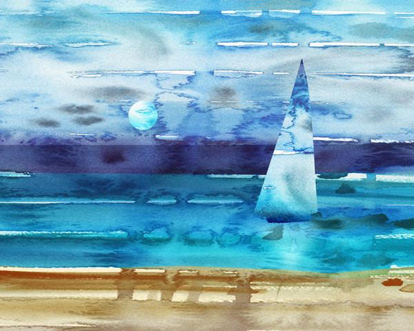 Beach House Art Sailboat At The Ocean Shore Seascape Painting V Print