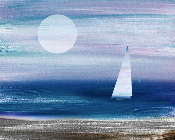 Beach House Art Sailboat At The Ocean Shore Seascape Painting VI