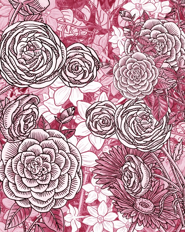 Watercolor Botanical Flowers Garden Pink Flowerbed IV