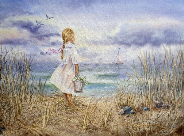 Girl Standing At The Ocean Watching Sailboat and Birds